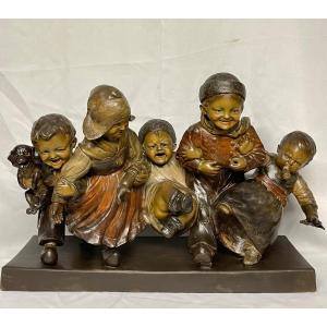 "children's Farandole" Hans Gurazde For Fritz Kochendörfer, Large Polychrome Terracotta 55 Cm