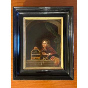 Painting, Child In A Birdcage Signed Lainé 1863