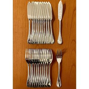 Christofle Perles 12 Fish Cutlery Set In Excellent Condition 