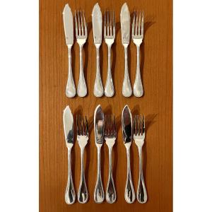 Christofle Perles 6 Fish Cutlery Set 12 Pieces, Excellent Condition 