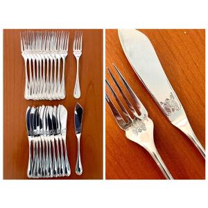 Christofle Marot Coquille, 12 Fish Cutlery Sets, Engraved Decor
