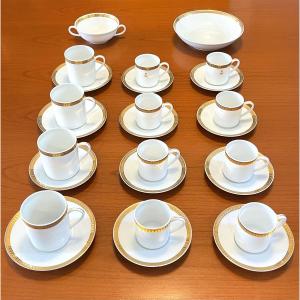 Christofle Malmaison, 12 Cups, Bowl, Salad Bowl. Gold Porcelain 
