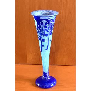 Azurette Vase, French Glass By Charles Schneider 