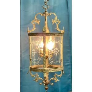 Bronze Lantern, 76 Cm High, 19th Century, Engraved Glass 