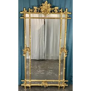 Large Antique Bamboo Mirror, 19th Century, 218x118 Cm, In Wood And Gilded Stucco 