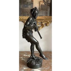 Bronze Sculpture, Musician Faun Signed Thyllmann – 19th Century