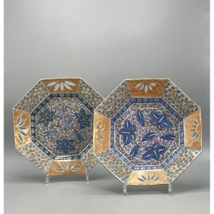 Pair Of Polychrome Japanese Intaglio Plates