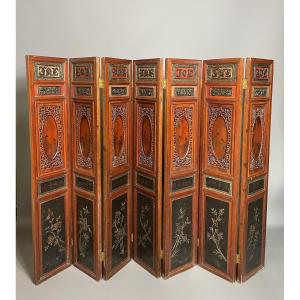 Chinese Six-panel Screen – Carved Wood And Lacquered Panels – Late 19th Century