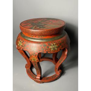 19th Century Lacquered Stool, Chinese Style, Hand-painted Decoration