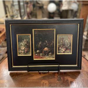 Elegant Decorative Triptych – Floral Still Life And Precious Objects