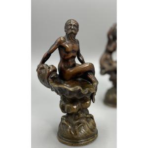 Pair Of 19th-century Mythological Bronzes: Poseidon And Nereid 