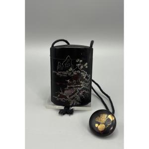 Antique Japanese Inrō, Black Lacquer, Landscape And Calligraphic Decoration, Netsuke