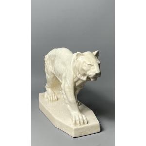 Tiger Walking In Crackled Ceramic, Art Deco Animal Sculpture, Circa 1930.