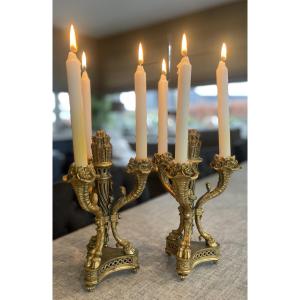 An Elegant Pair Of Three-light Gilt Bronze Candelabra In The Louis XVI Style, Dating From 