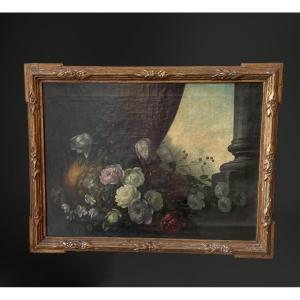 Still Life With Flowers, Oil On Canvas In Its Original Frame