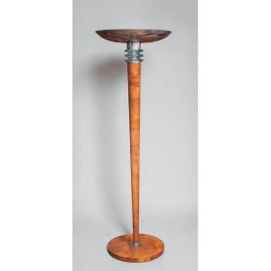 Art Deco Period Floor Lamp In Wood, Chromed Metal And Glass