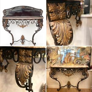 Console And Mirror In Wrought Iron With Double Patina