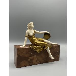 Chryselephantine Young Woman With Tambourine Art Deco Period Ferdinand Preiss