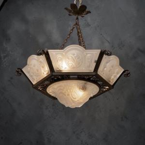 Art Deco Suspension Lamp, Wrought Iron And Cast Glass, Circa 1930