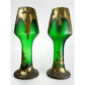 Large Pair Of Legras And Monjoye Art Nouveau Green Glass Vases