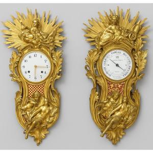 Important Pair Of Louis XV Style Gilt Bronze Cartel Clocks And Barometers 19th Century