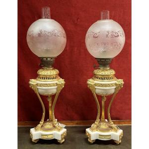 Pair Of Louis XVI Style Gilt Bronze And White Marble Lamps