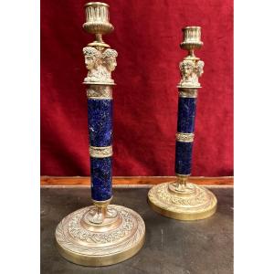 Pair Of Candlesticks In Gilt Bronze And Lapis Lazuli Louuis XVI Style