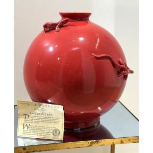 Large Ceramic Ball Vase From Longwy With Red Lizard Decoration