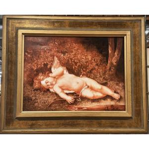 Porcelain Plaque "sleeping Love", Signed M. Brière, Circa 1886
