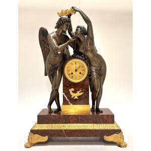 "cupid And Psyche" Empire Clock In Bronze And Red Marble, 19th Century