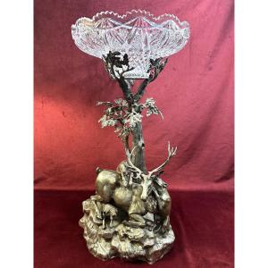 Large Hunting Centerpiecein Silvered Bronze And Crystal 19th Century