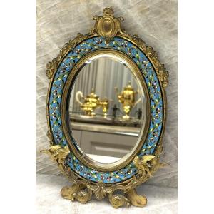 Table Mirror In Gilt Bronze And Cloisonné Enamel, Decorated With Doves, Napoleon III