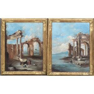 Pair Of "cornici" Architectural Landscapes, Circle Of Francesco Guardi, Venice, 18th Century
