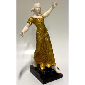 Art Deco Chryselephantine Sculpture "dancer" , Dated 1930, Gilt-bronze And Marble