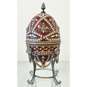 Silver Enamelled Egg, Fabergé-style, Signed
