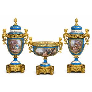 Large Sèvres Blue Porcelain And Gilded Bronze Mantel Set, Napoleon III 1870