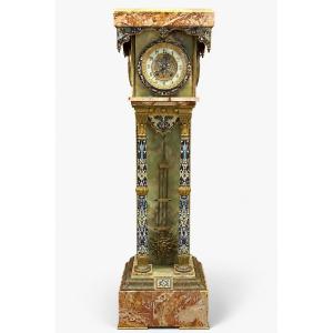 Important Pedestal Clock In Champlevé Enamel, Onyx, Marble, Late 19th Century