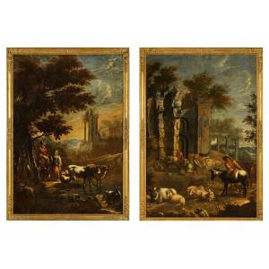 Pair Of Large Pastoral Landscapes With Ruins, Northern Italy, Late 17th Century