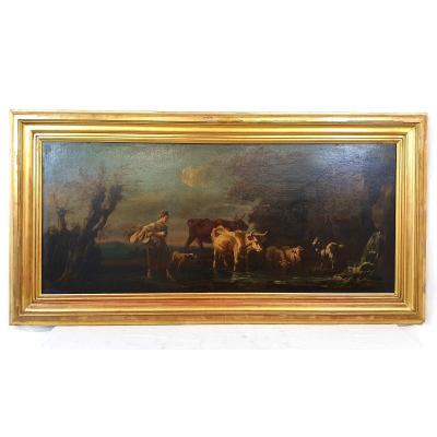 Oil Painting 78x153 Cm Cattle At A Water Point 18th Century