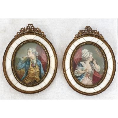 Pair Of Frames Portraits Bone Nacre 19th Century