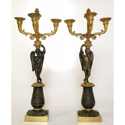 Pair Of Candelabracharles X In Putti In Bronze Patina Dore 19th Century
