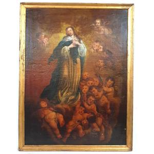 Oil On Canvas Madonna Immaculata With Puttis 18th Century 107x82 Cm