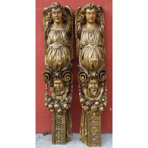Italy XVII Period, Pair Of Terms, Angels And Putti.