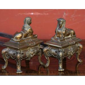 Pair Of Andirons In Gilt Bronze, Model With Sphinxes Circa 1880