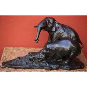 Japanese School Edo Period, Two Elephants Drinking, Signed Bronze Proof.
