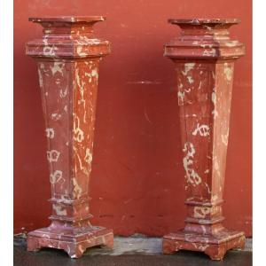 Pair Of Neoclassical Style Columns In Scagliola Late 19th Century
