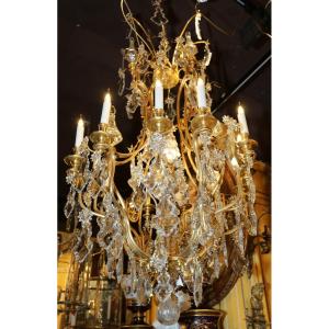 Large Cage Chandelier Said Bull's Eye, With 12 Lights + 1 Illuminating Dagger Circa 1880