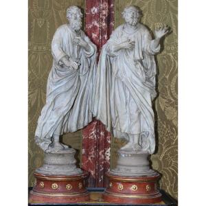 Venetian School From The 18th Century Pair Of Saints In Wood And Papier-mâché