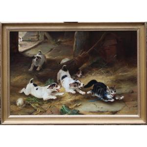 Walter Hunt 1861-1941, Jack Russell Puppies Running A Cat, Oil On Canvas Signed And Dated 1890