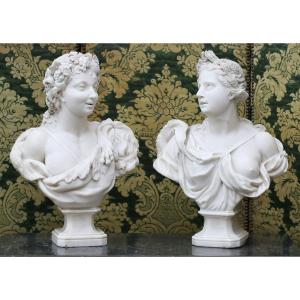 Italian School From The 18th Century, Allegory Of Autumn And Summer, Pair Of Marble Busts.